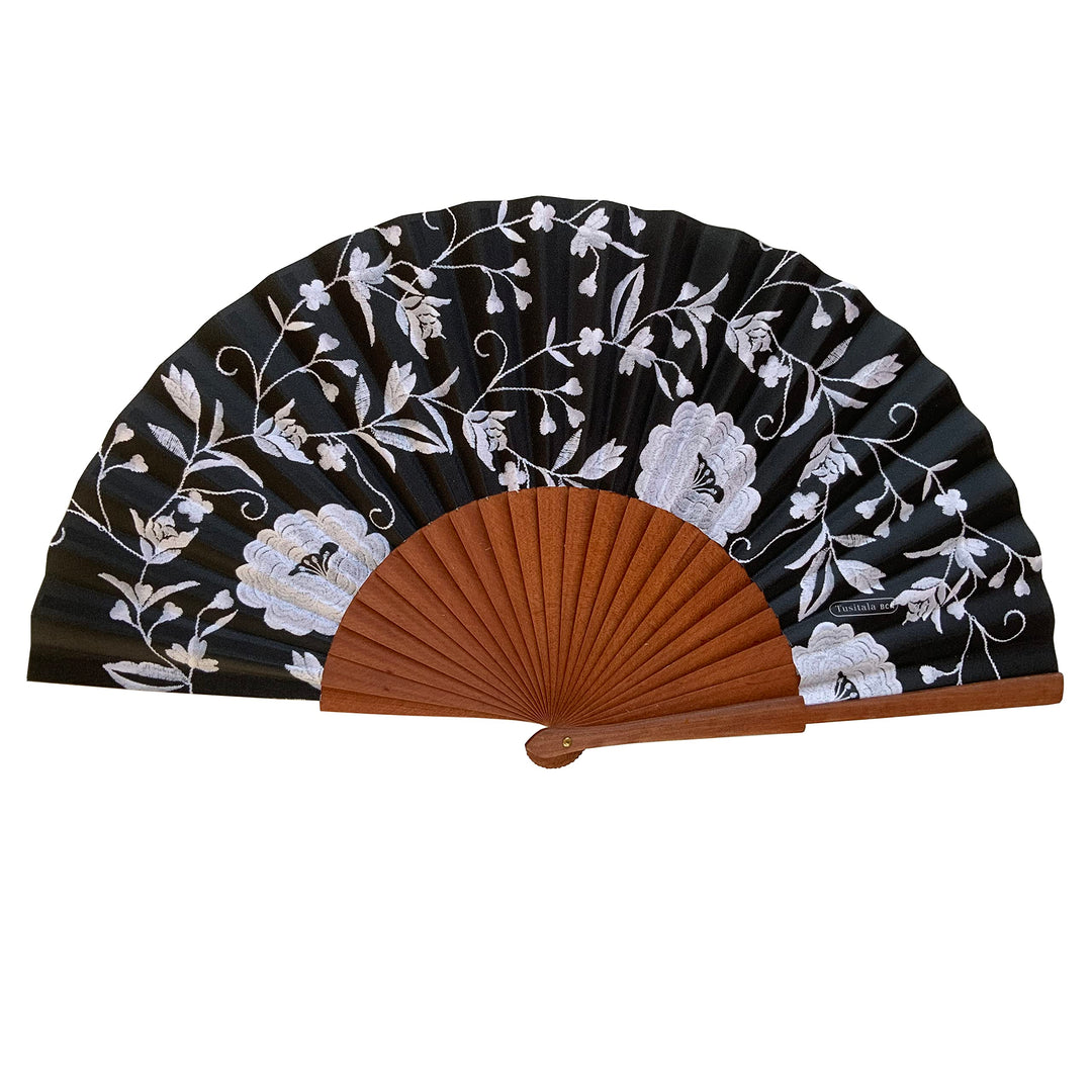 Spanischer Handfächer Manuela – Holz und Baumwolle – 23 cm – Jute-Hülle und -Bezug – Modeaccessoire