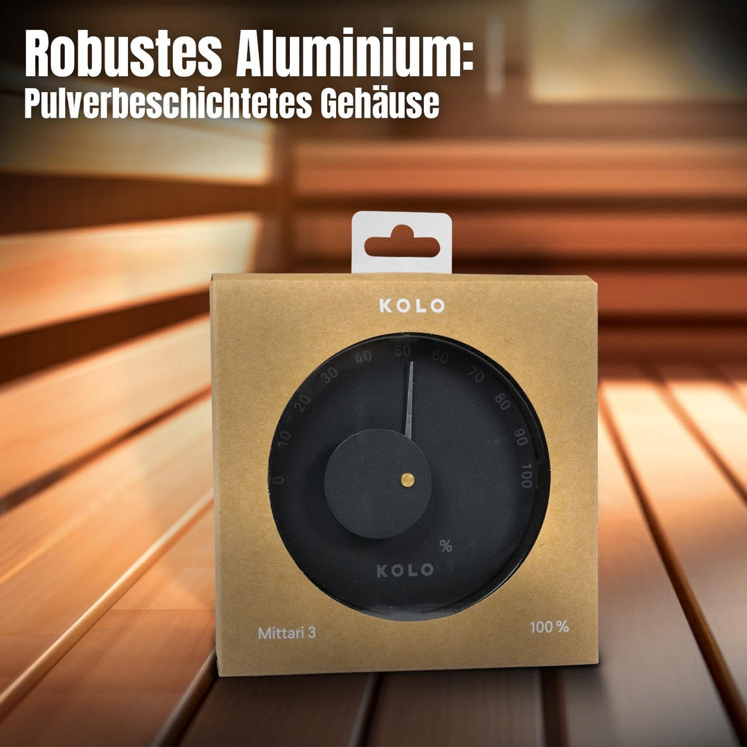 KOLO Sauna Hygrometer Mittari 3 - Ø 14 cm - Schwarzes Aluminium - Präzise Luftfeuchtigkeitsmessung 0