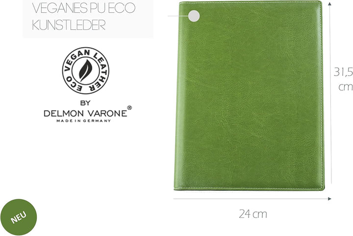 DELMON VARONE - Schreibmappe inkl. Notizblock DIN A4 (80 Blatt) aus veganem Eco Kunstleder Grün - Or