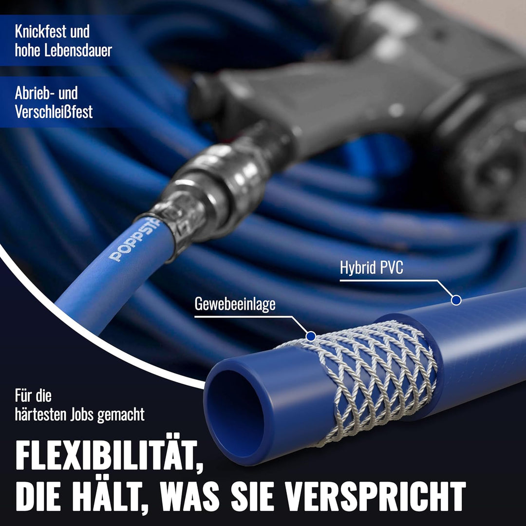 Poppstar Druckluftschlauch 5 m (Hybrid PVC mit Gewebe, Innendurchmesser 9,2mm mit Schnellkupplung &