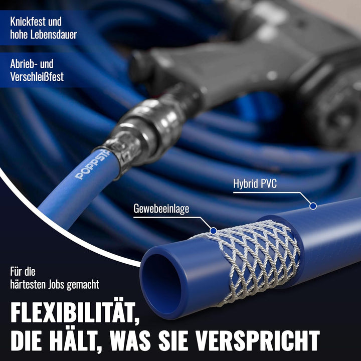 Poppstar Druckluftschlauch 5 m (Hybrid PVC mit Gewebe, Innendurchmesser 9,2mm mit Schnellkupplung &