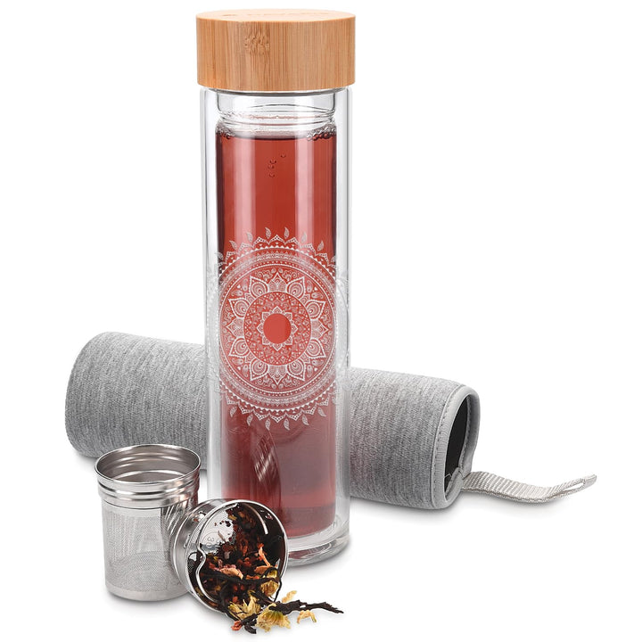Navaris Teeflasche aus Glas mit Sieb - 500ml Tee Flasche Teekanne to go - Trinkflasche Indische Sonn