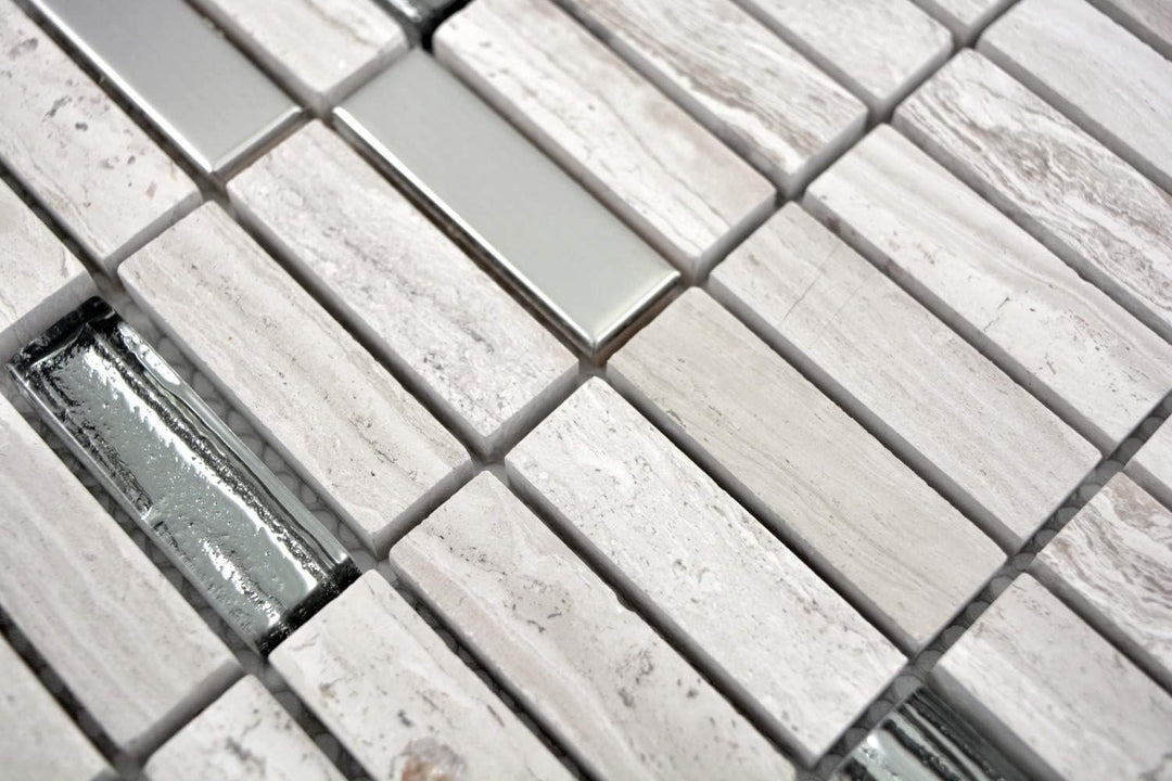 Mosaik Fliese Transluzent Edelstahl grauweiss Stäbchen Glasmosaik Crystal Stein Stahl für WAND KÜCHE