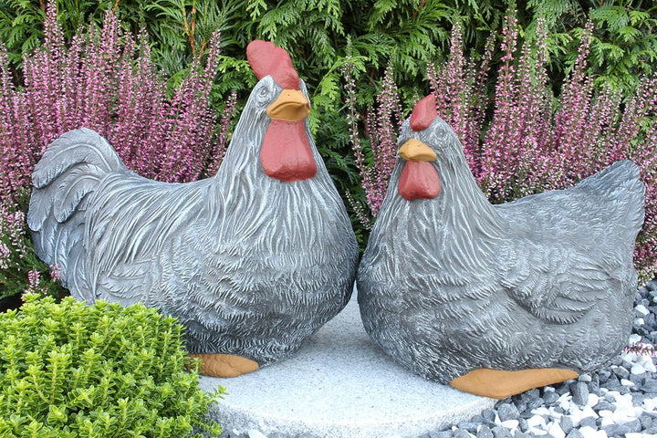 STEINFIGUREN SPICKER Steinfigur Huhn, Henne, Hahn 2er Set 135/1, 180/1 Gartenfigur Steinguss Tierfig