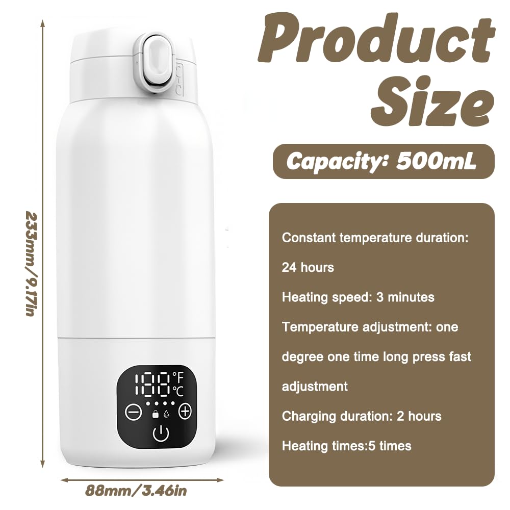 Flaschenwärmer Baby Unterwegs, 500ml Tragbarer Baby Flaschenwärmer mit 11000mAh Schnelles Aufheizen