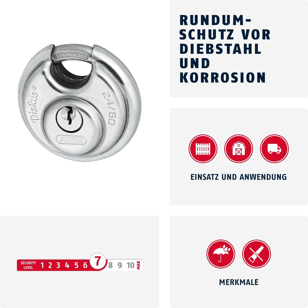 Abus - 24IB/60 60mm Diskus Vorhängeschloss Edelstahl Carded - ABU24IB60C, 60mm