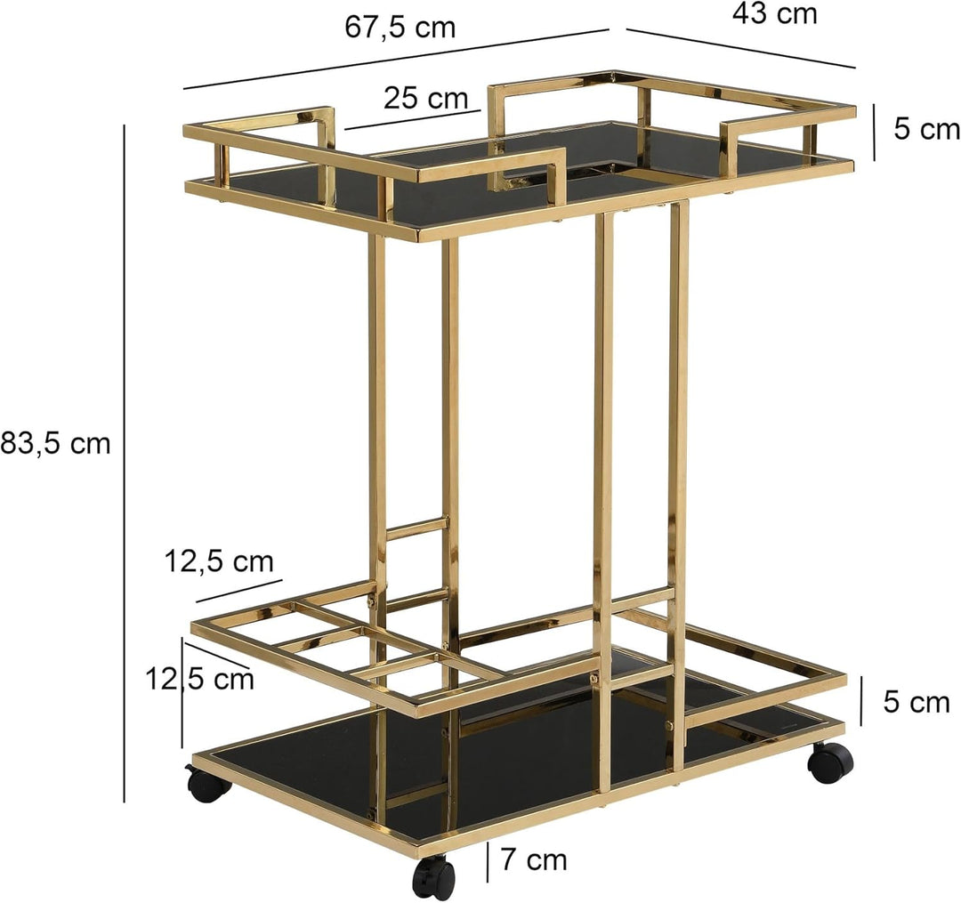 FineBuy Servierwagen Gold Metall mit Glas Ablagen auf Rollen 67,5x83,5x43 cm, Moderner Barwagen mit