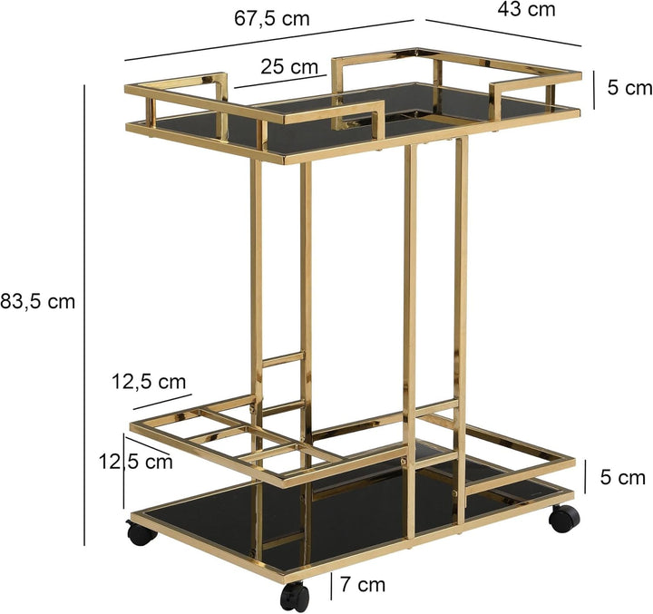 FineBuy Servierwagen Gold Metall mit Glas Ablagen auf Rollen 67,5x83,5x43 cm, Moderner Barwagen mit