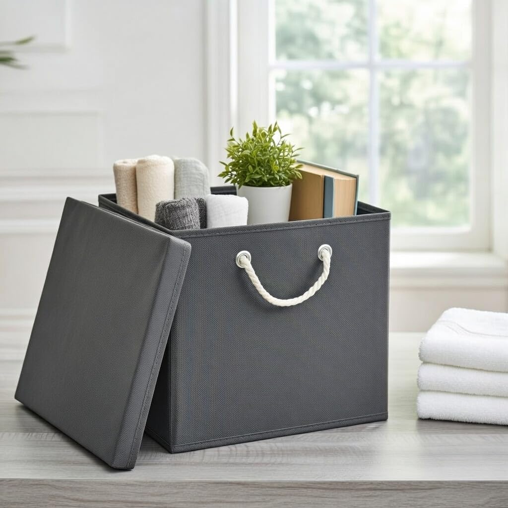 StickandShine 4er Set Dunkelgrau Faltbox 30 x 30 x 30 cm Aufbewahrungsbox faltbar mit Kordel und mit