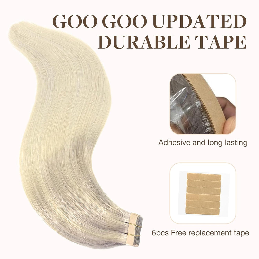 GOO GOO Tape in Extensions Echthaar, 35cm 20pcs 50g Aschblond bis Goldblond und Platinblond, Tape in