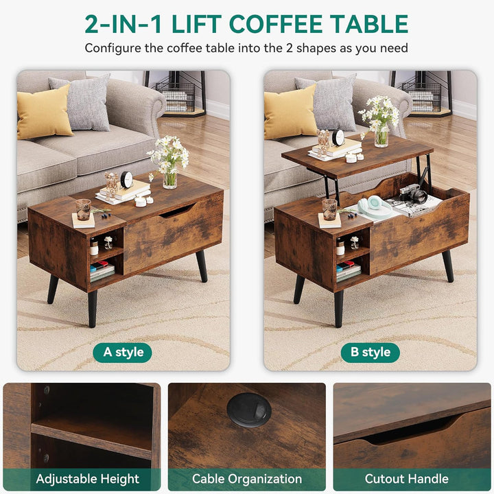 YITAHOME Couchtisch mit anhebbarer Platte und verstecktem Fach, verstellbare Ablagefläche, Federhebe