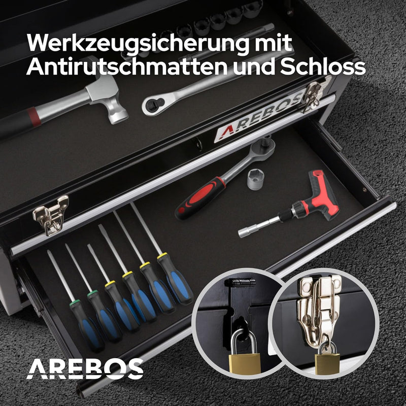 Arebos Werkzeugkoffer mit 3 Schubladen & 2 Ablagefächern | inkl. Tragegriff & Schnappverschlüssen |