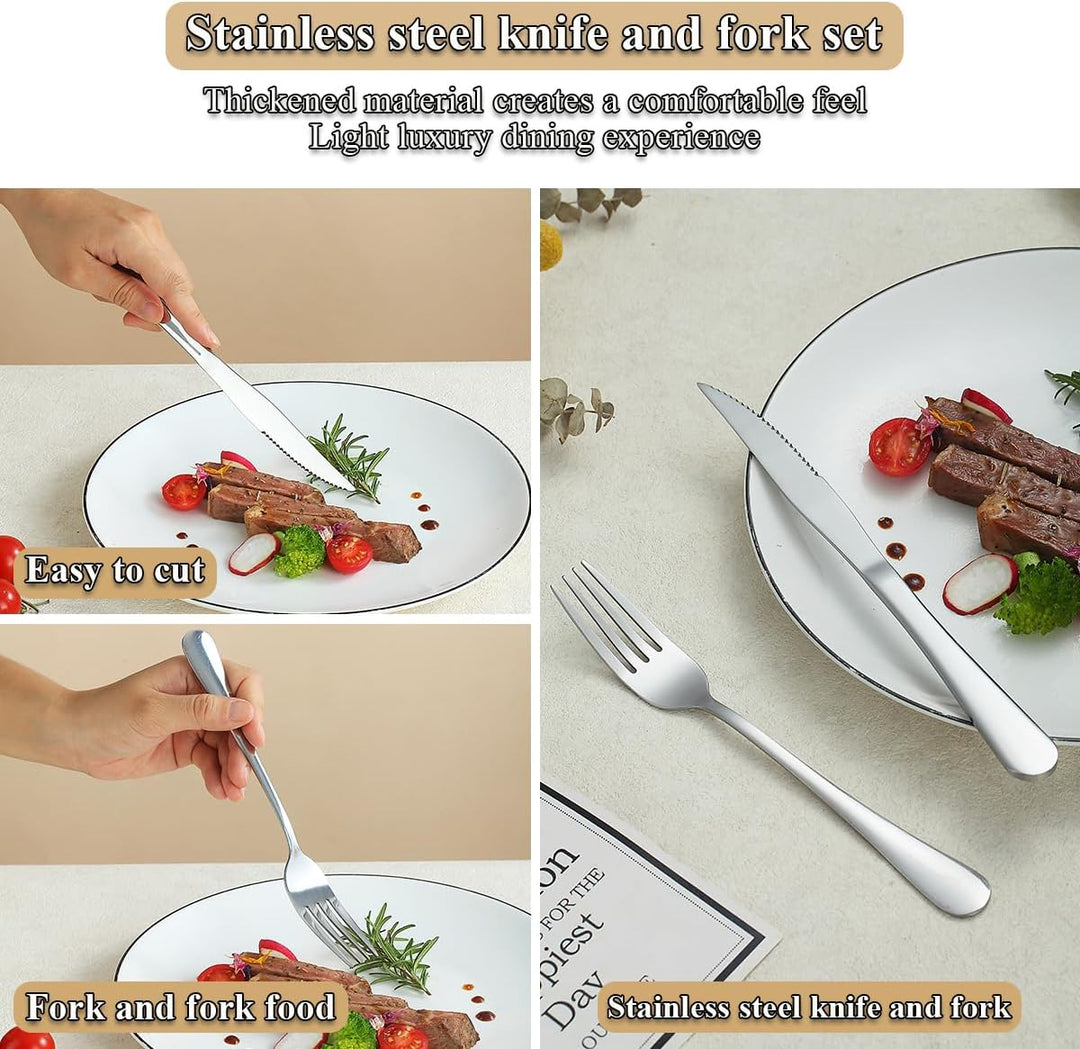 Evanda Steakbesteck 24 teilig, Edelstahl 12 Tafelgabeln und 12 Tafelmesser Set, Steakmesser Steakgab