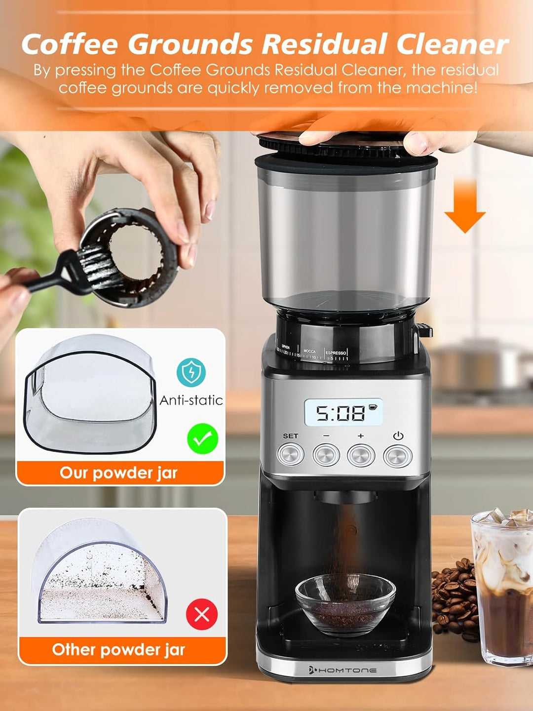 Homtone Kaffeemühle Elektrisch für Siebträger und Behälter, 51 Mahlstufen Kaffeemühle Siebträger Ele