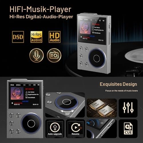 HiFi-MP3-Player mit Bluetooth, Verlustfreier DSD-hochauflösender Digitaler Audio-Musik-Player, Tragb