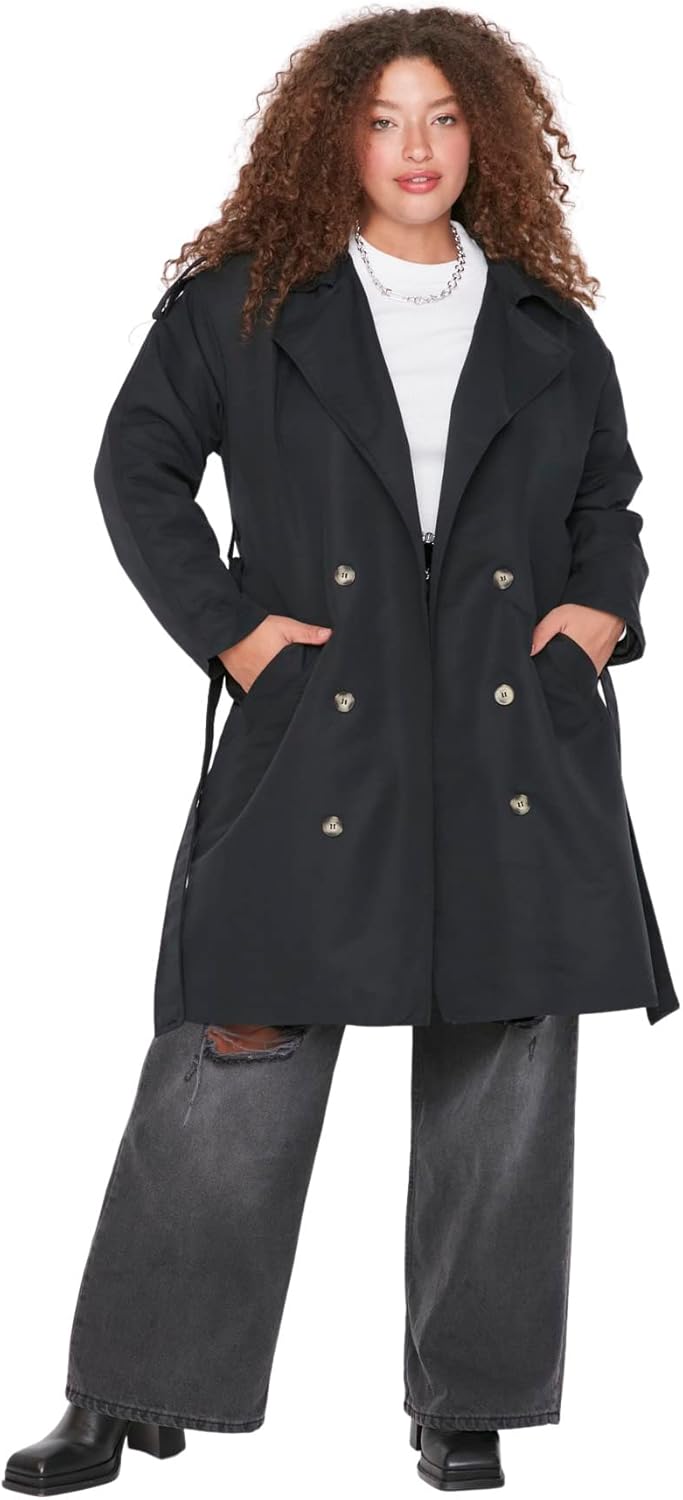 TRENDYOL Damen Wickelform Zweireihig Plain Webstoff Grössen in Trenchcoat Coat 44 Grosse Grössen Sch