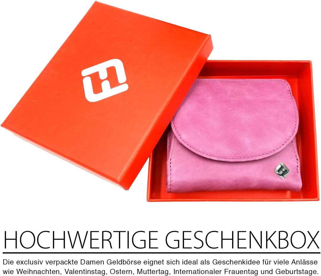 Geldbeutel Damen klein, Reise Portemonnaie, viele Fächer, Leder pink, RFID Blocker, Münzfach | Geldb