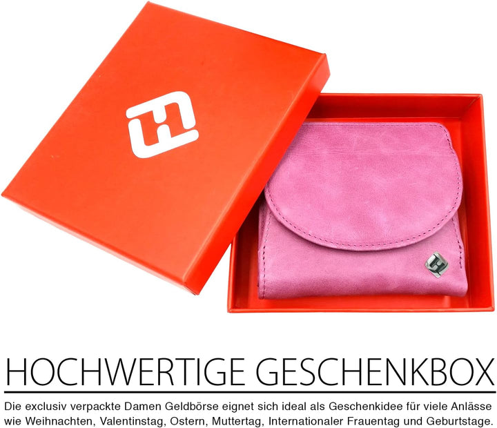 Geldbeutel Damen klein, Reise Portemonnaie, viele Fächer, Leder pink, RFID Blocker, Münzfach | Geldb