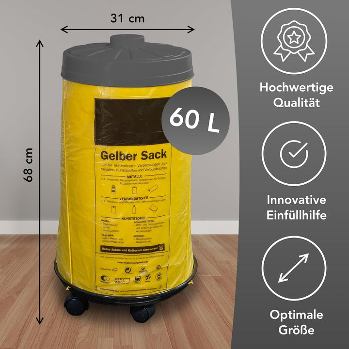 Sacktonne gelb mit Rollwagen und Deckel, Müllsackständer, Gelber Sack, Mülltonne, Wertstoffbehälter