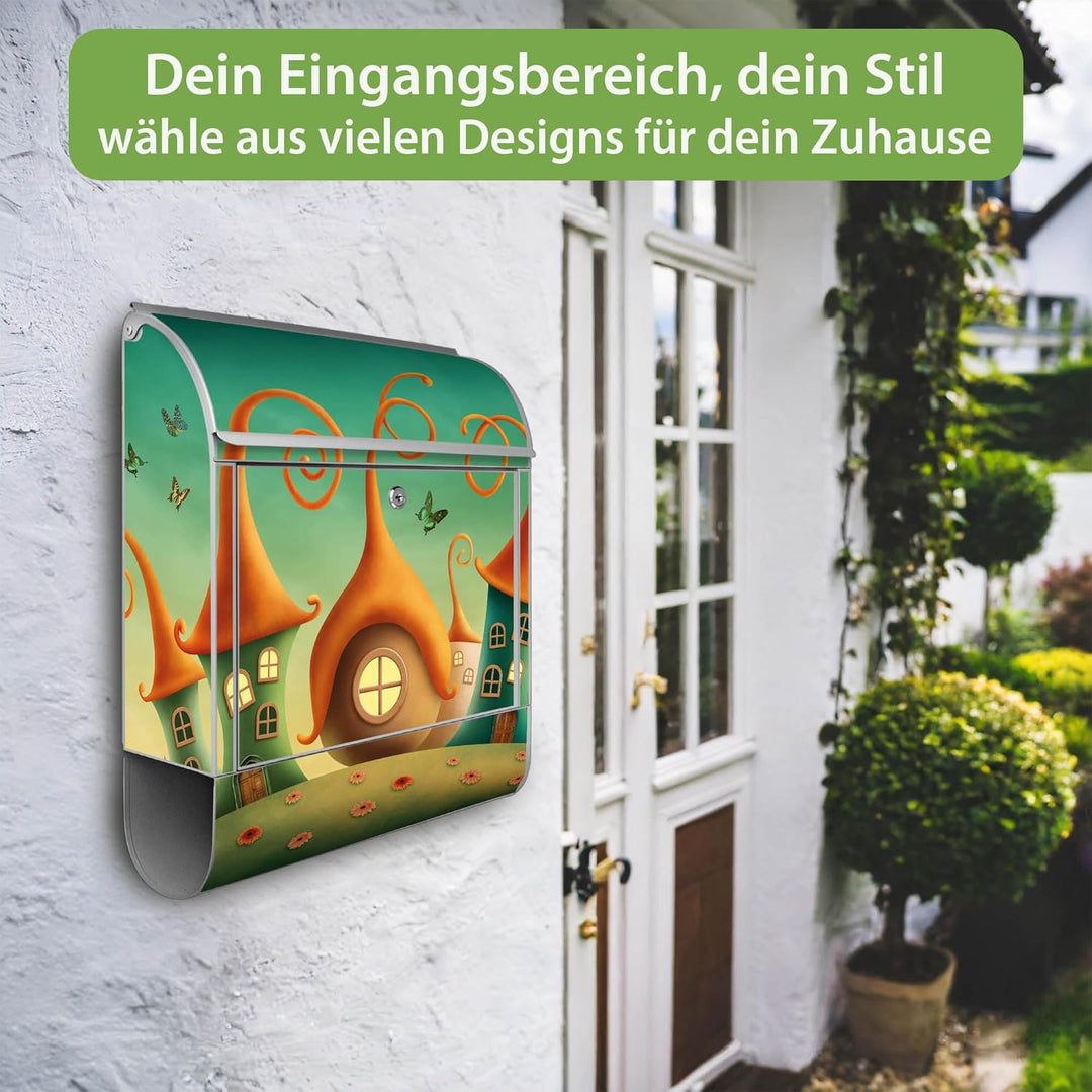 banjado® Design Briefkasten mit Motiv Zwergenhausen 39x47x14cm &amp; 2 Schlüssel - Briefkasten Stahl Sil