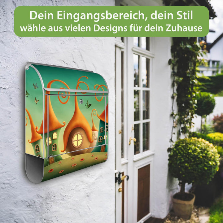 banjado® Design Briefkasten mit Motiv Zwergenhausen 39x47x14cm &amp; 2 Schlüssel - Briefkasten Stahl Sil