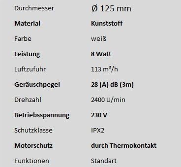 Badventilator Ø 125 mm in weiss Lüfter Ventilator Front Wandlüfter Badlüfter Ventilator Einbaulüfter