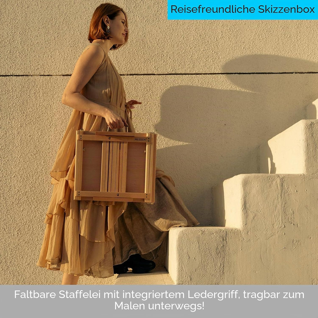 MEEDEN Skizzenkasten Tischstaffelei mit Metallschublade - Verstellbare Staffelei &amp; Skizzenbox aus ma