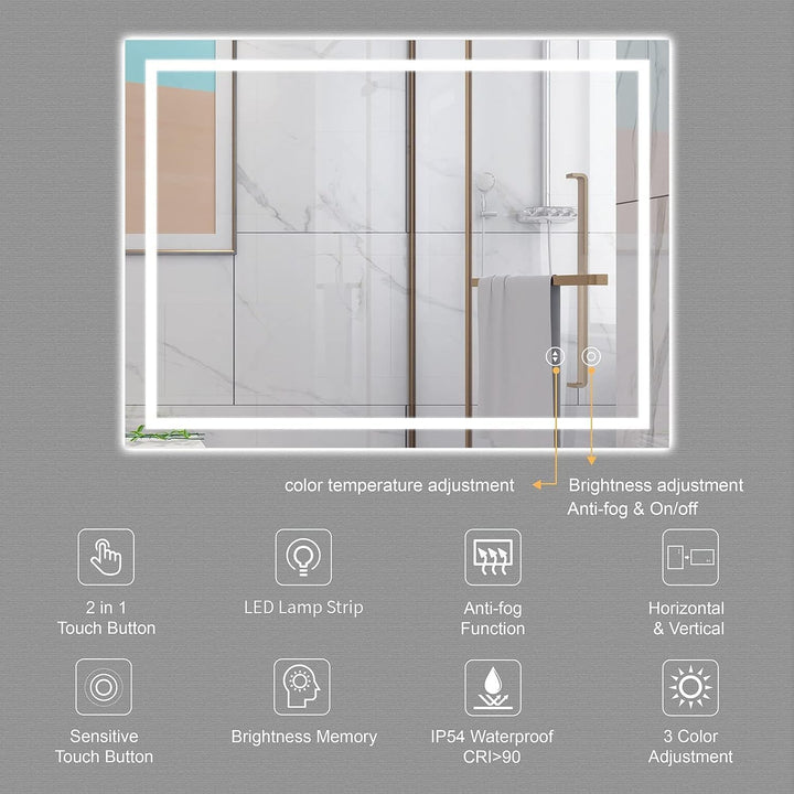 Dripex Led Badspiegel mit Beleuchtung Badezimmer Spiegel mit Touch-Schalter, Dimmbar, 3 Lichtfarbe E