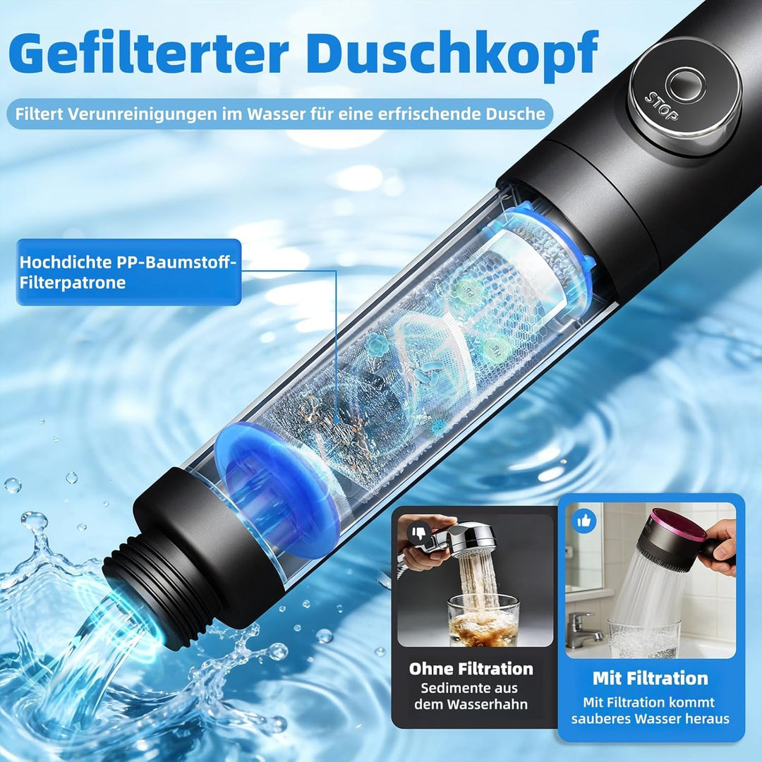 Duschkopf mit Filter,Duschbrause mit Schlauch,Handbrause mit Stoppfunktion,Hochdruck Handbrause mit