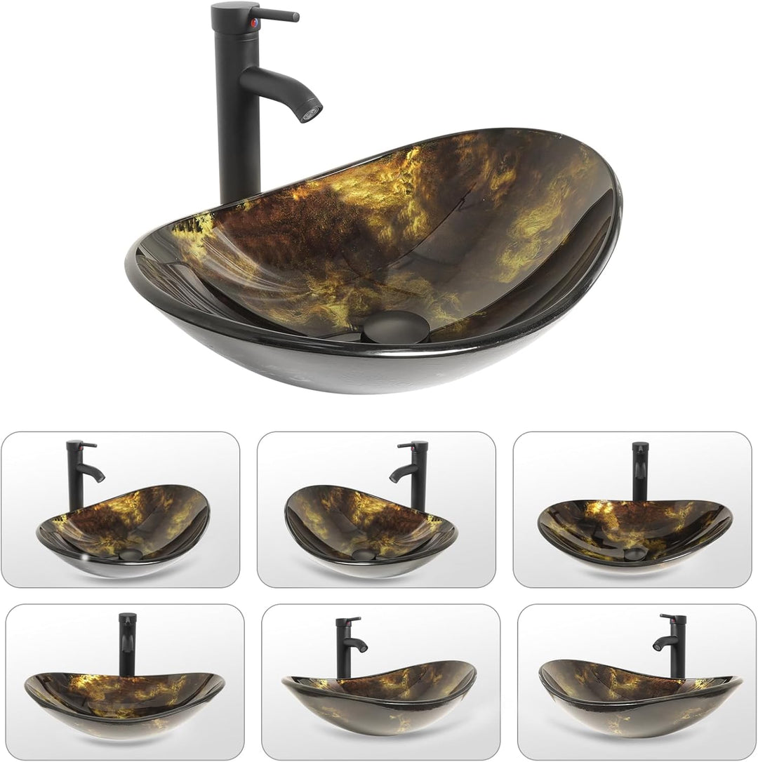 YU YUSING Waschbecken Glas Aufsatzwaschbecken Waschtisch, Oval Hand Waschschale mit Wasserhahn Set,