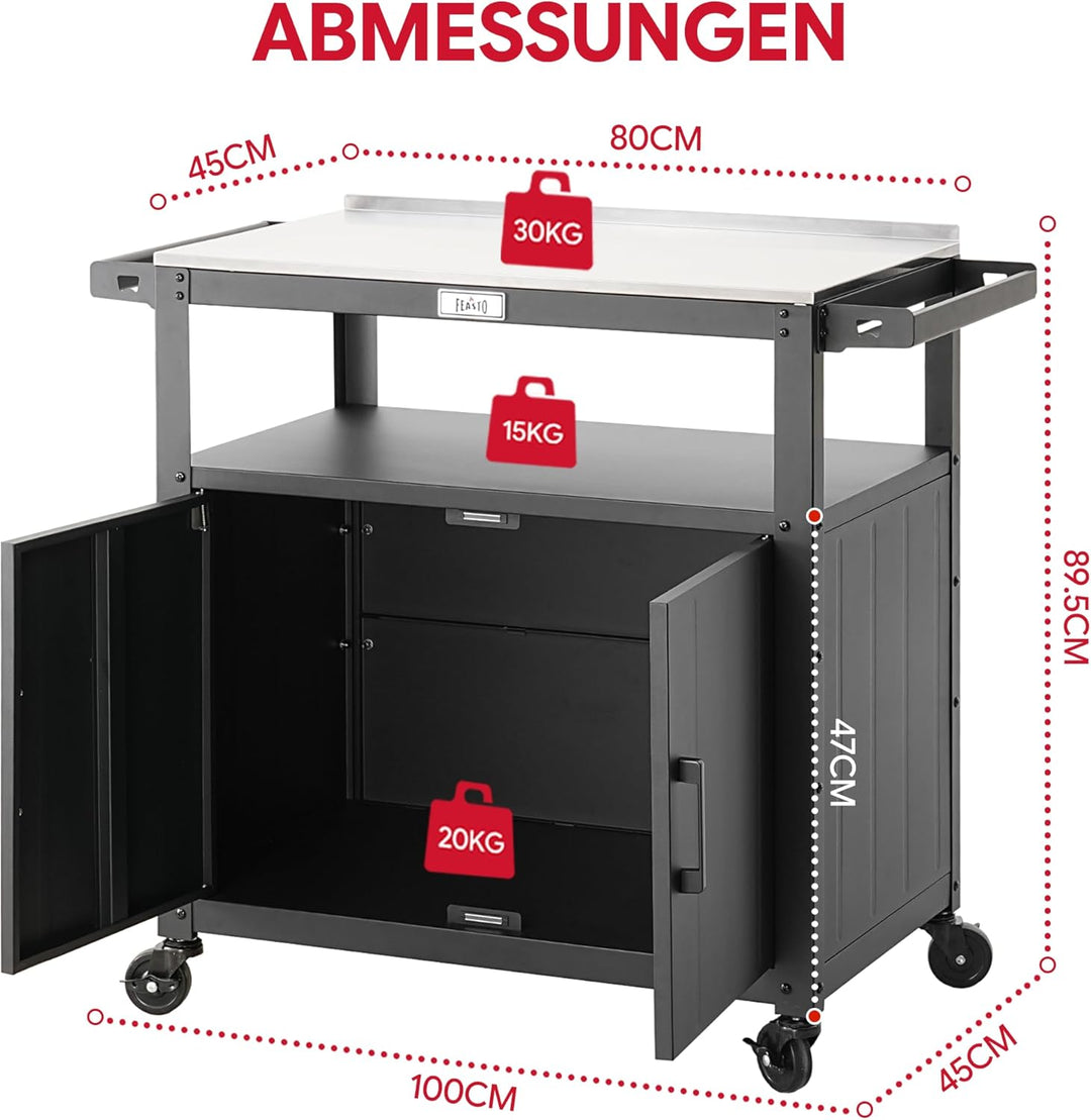 Feasto Servierwagen mit Rollen, Grillwagen mit Schrank, Edelstahlplatte, Outdoor Küche für Terrasse