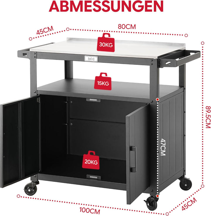 Feasto Servierwagen mit Rollen, Grillwagen mit Schrank, Edelstahlplatte, Outdoor Küche für Terrasse
