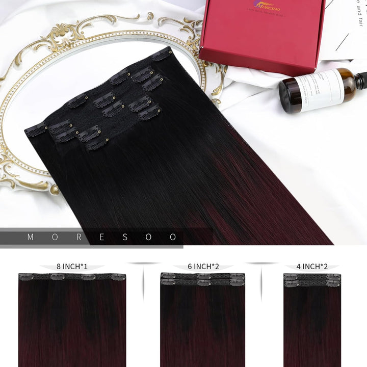 Moresoo Clip Extensions Echthaar Balayage Schwarz bis Weinrot Remy Echthaar Extensions Clip Doppelt
