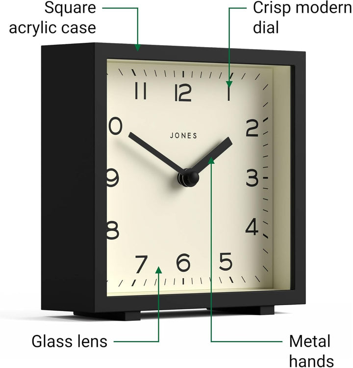 JONES CLOCKS® 'Disco' Schreibtischuhr – Elegantes, quadratisches Design in Schwarz, stilvoll und gut