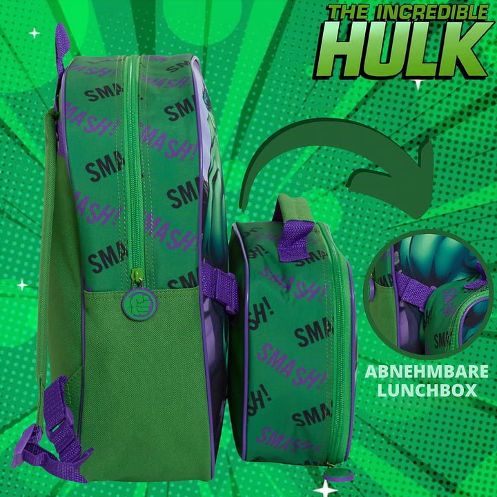 The Hulk Rucksack mit Lunchtasche für Kinder, Marvel Schultasche, 2-teilig, passendes isoliertes Lun