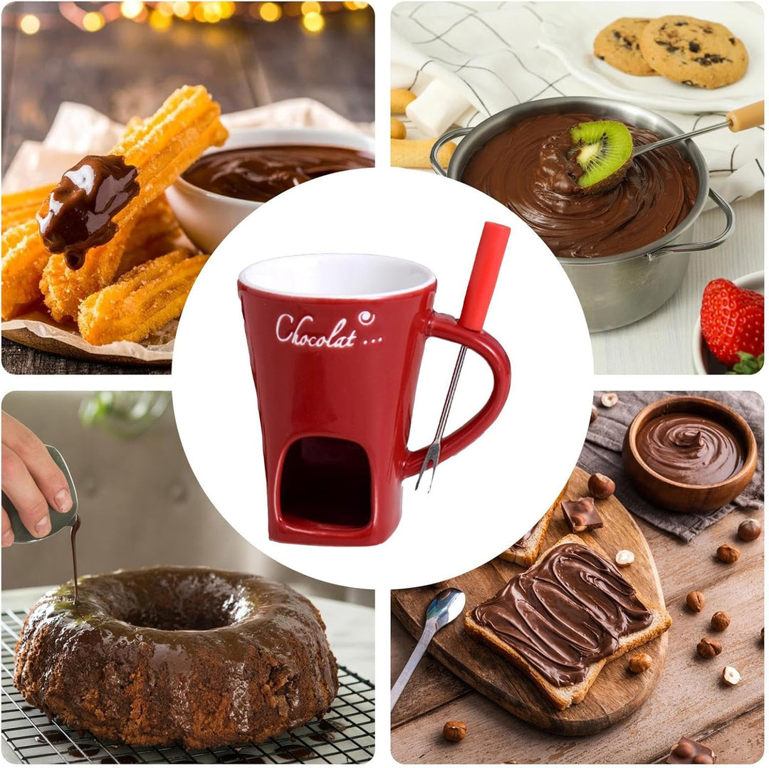 Fondue-Tasse – hitzebeständiger Wärmer mit Gabel zum Schmelzen von Schokolade – zum Eintauchen von B