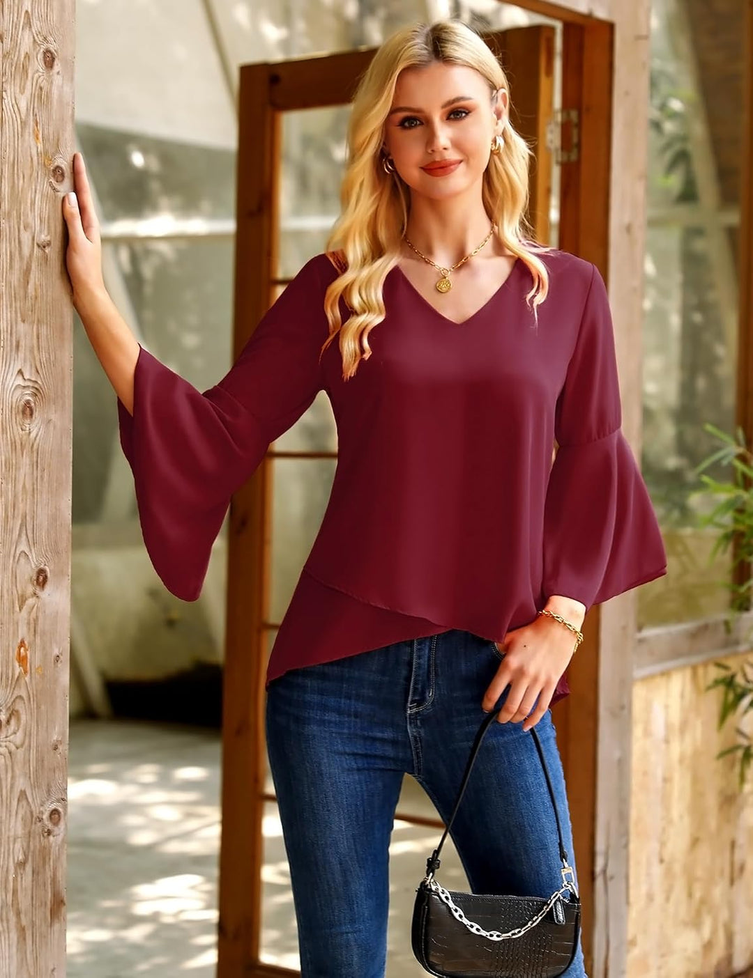 Gyabnw Damen Chiffon Bluse Volantärmeln Tunika 3/4 Arm Elegant Chiffontunika Festlich Chiffon Bluse