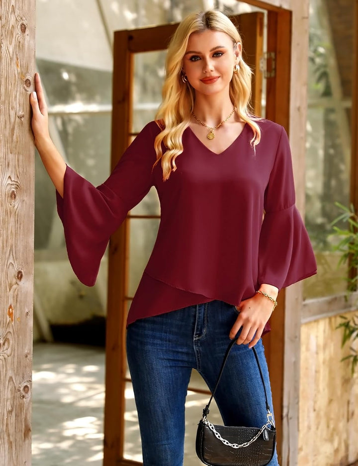 Gyabnw Damen Chiffon Bluse Volantärmeln Tunika 3/4 Arm Elegant Chiffontunika Festlich Chiffon Bluse