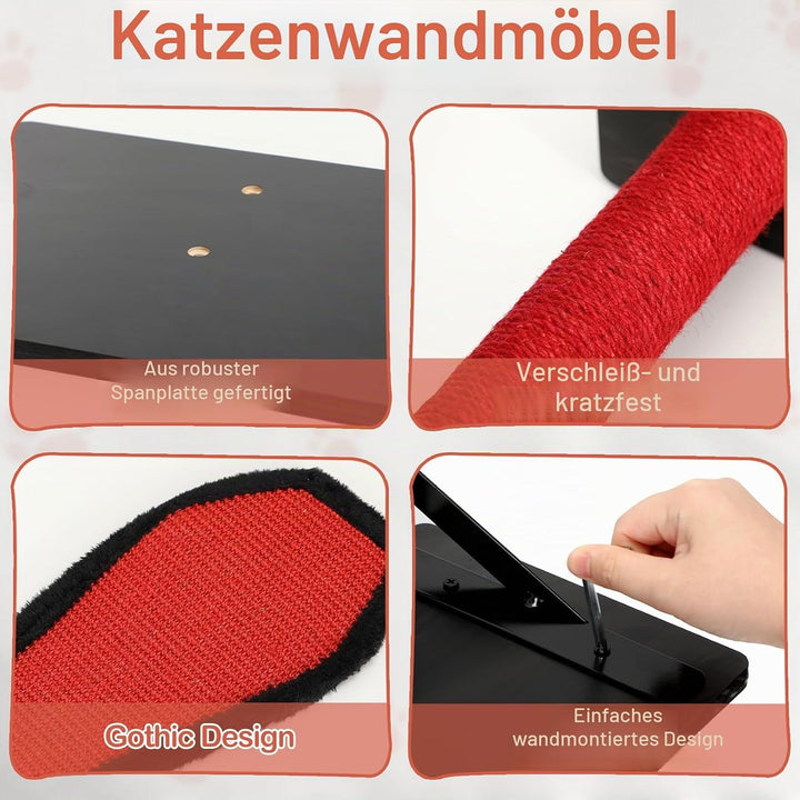 Gothic Katzen Wandregal Set, 7-teilig – Wandmontierter Kletterbaum für Katzen mit Brücke, Leiter, St