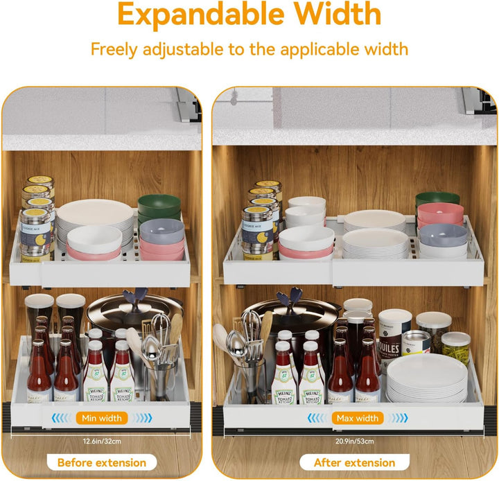 iHomara 1 Pack erweiterbarer ausziehbarer Schrankorganisator mit Klebefläche, 42 cm tiefe Schubladen