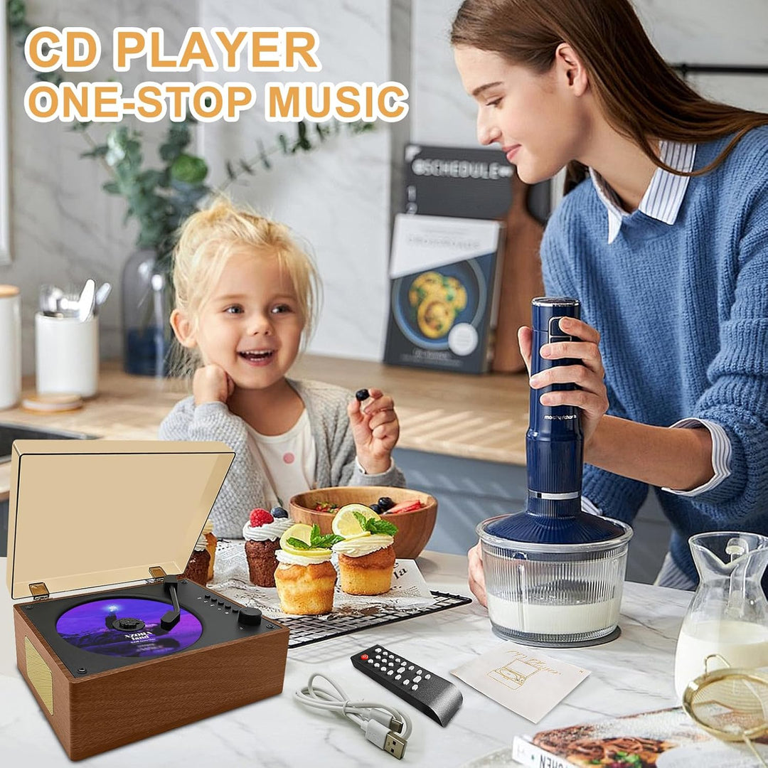 Retro CD-Player tragbar mit Lautsprechern – Bluetooth Desktop Knit für Zuhause, wiederaufladbarer Ak