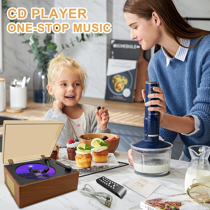Retro CD-Player tragbar mit Lautsprechern – Bluetooth Desktop Knit für Zuhause, wiederaufladbarer Ak