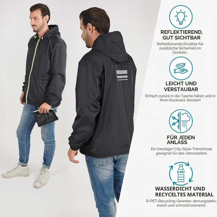 PERLETTI Regenjacke Herren Schwarz Gelb für Hohe Sichtbarkeit - Reflektierende Regenponcho Windbreak