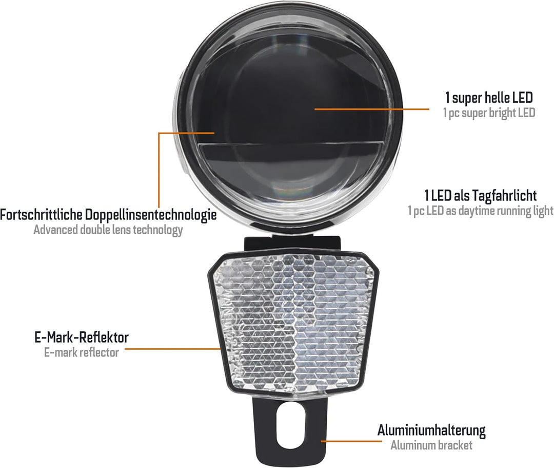 Fahrradlicht 80 Lux Nova M80 – Dynamo Frontlicht mit Tagfahrlicht, Standlicht, Aluminium-Gehäuse, St