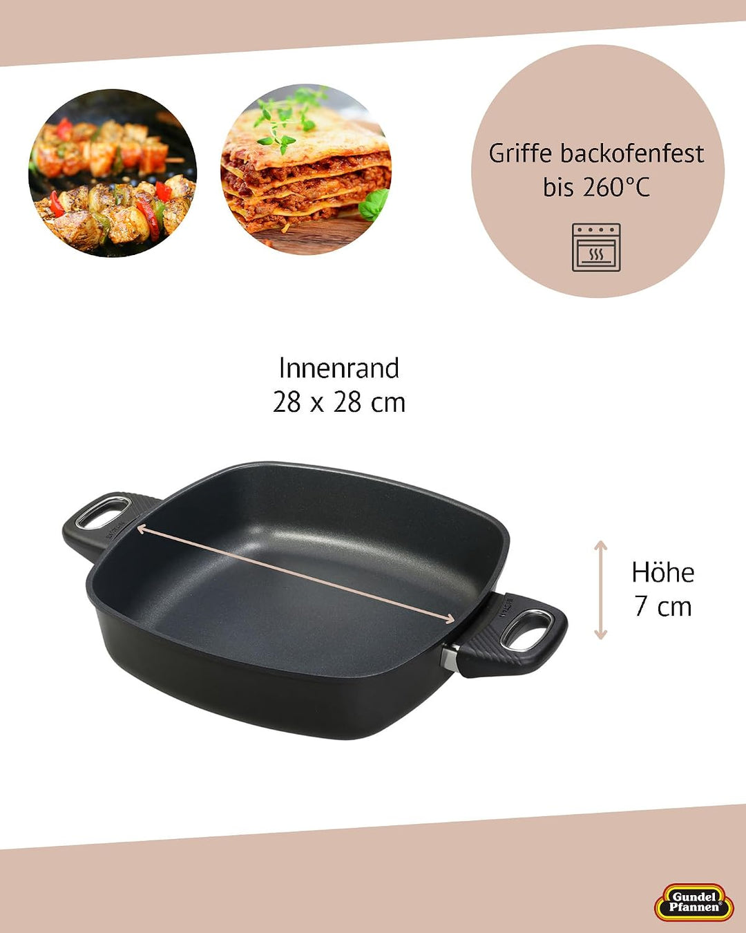 Original Gundel GUSS-QUADRAT-KASSEROLLE INDUKTION, 28 x 28 cm, Höhe 7 cm, Viereckpfanne, backofenfes