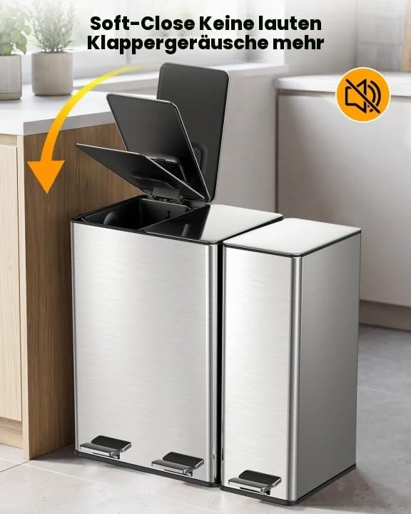 YEAUPE PRO Mülleimer Küche 60L (2x20L + 20L) 3 fächer Treteimer Edelstahl | Recycling Abfalleimer fü