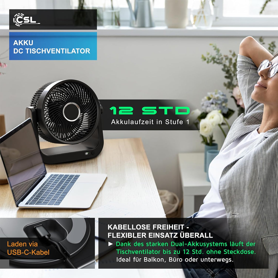 CSL - Akku Tischventilator mit Fernbedienung – sehr leise - Oszillation – 10 Geschwindigkeitsstufen