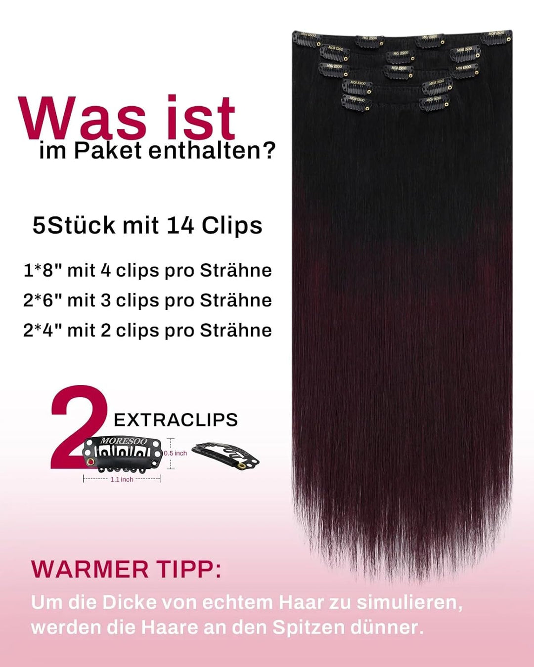 Moresoo Clip Extensions Echthaar Weinrot Haarextension Echthaar Clip in Remy Echthaar Extensions 35