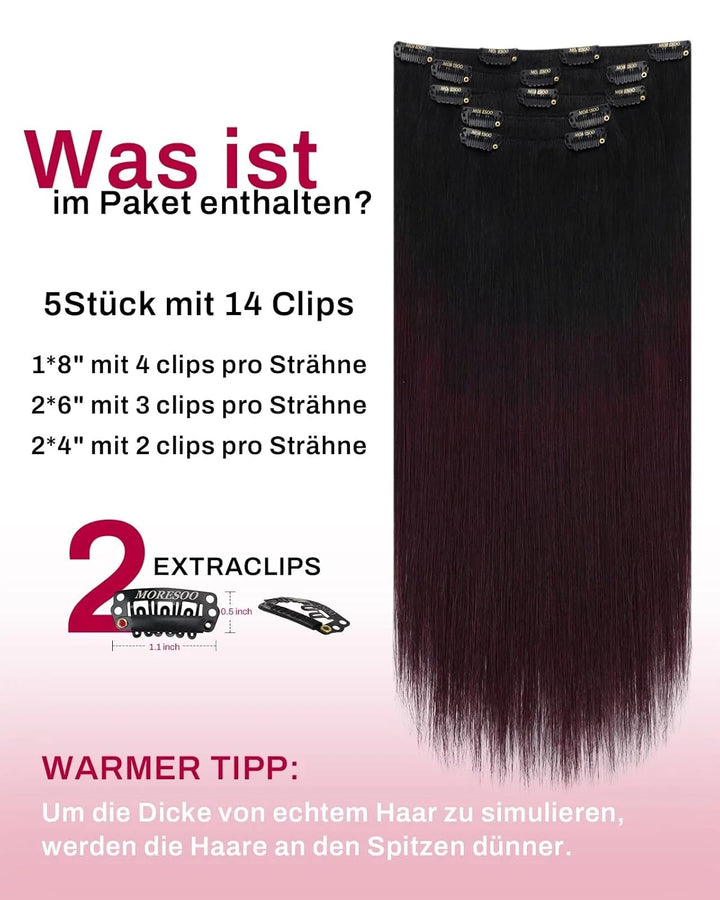Moresoo Clip Extensions Echthaar Weinrot Haarextension Echthaar Clip in Remy Echthaar Extensions 35