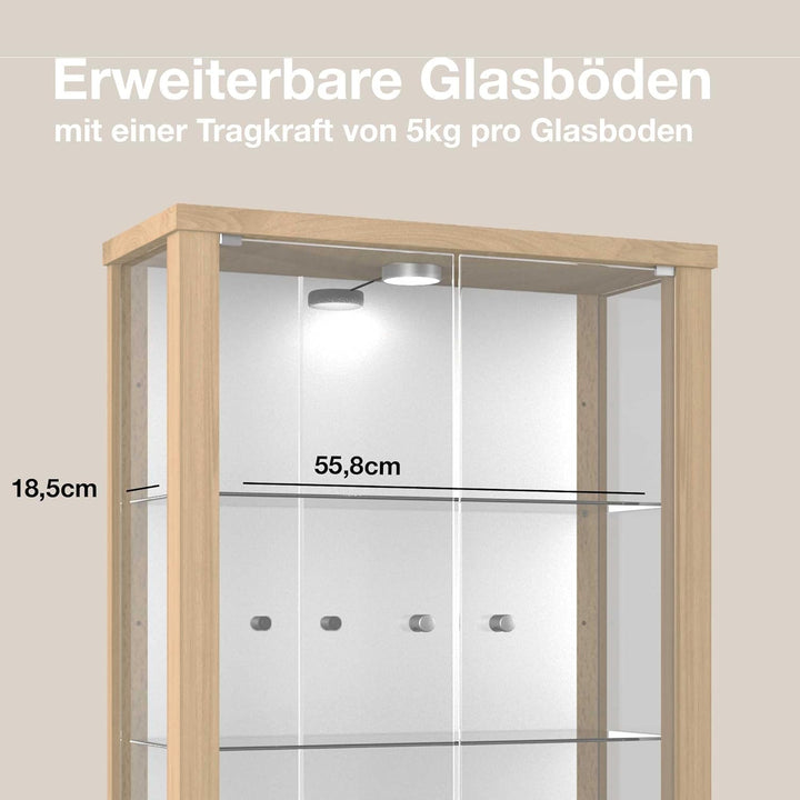 K-Möbel Hängevitrine in Buche (80x60x25 cm) mit 2 höhenverstellbaren Glasböden, Spiegel & LED - Mode